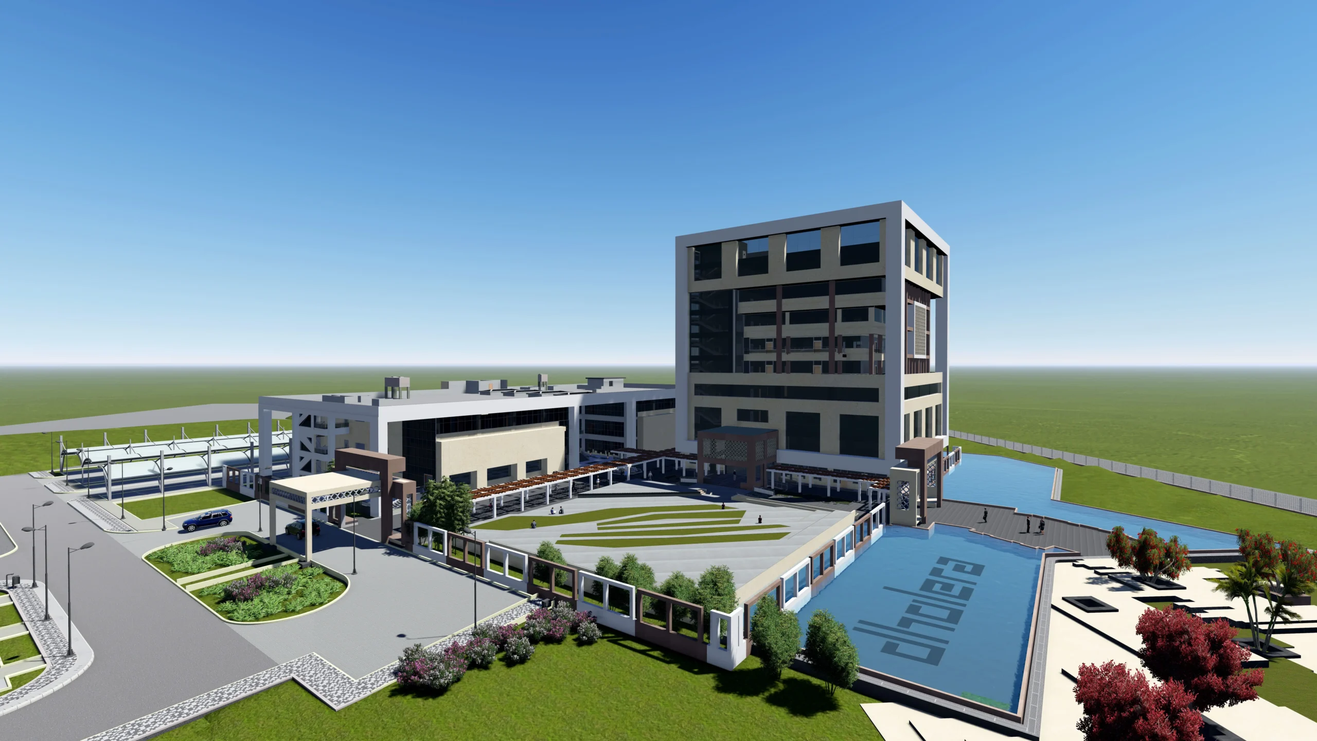 a building with a pool and grass Dholera SIR , ABCD Building, Single window system of Dholera smart city , Urban NXt Developers